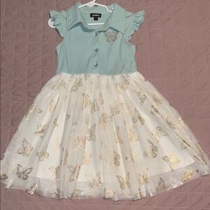 Zunie Teal and White Dress with Gold Butterfly Details